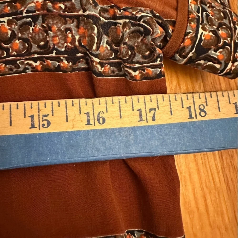 Tory Burch SILK Rust Brown Striped Floral Pattern tee Boho Size 4 (#)